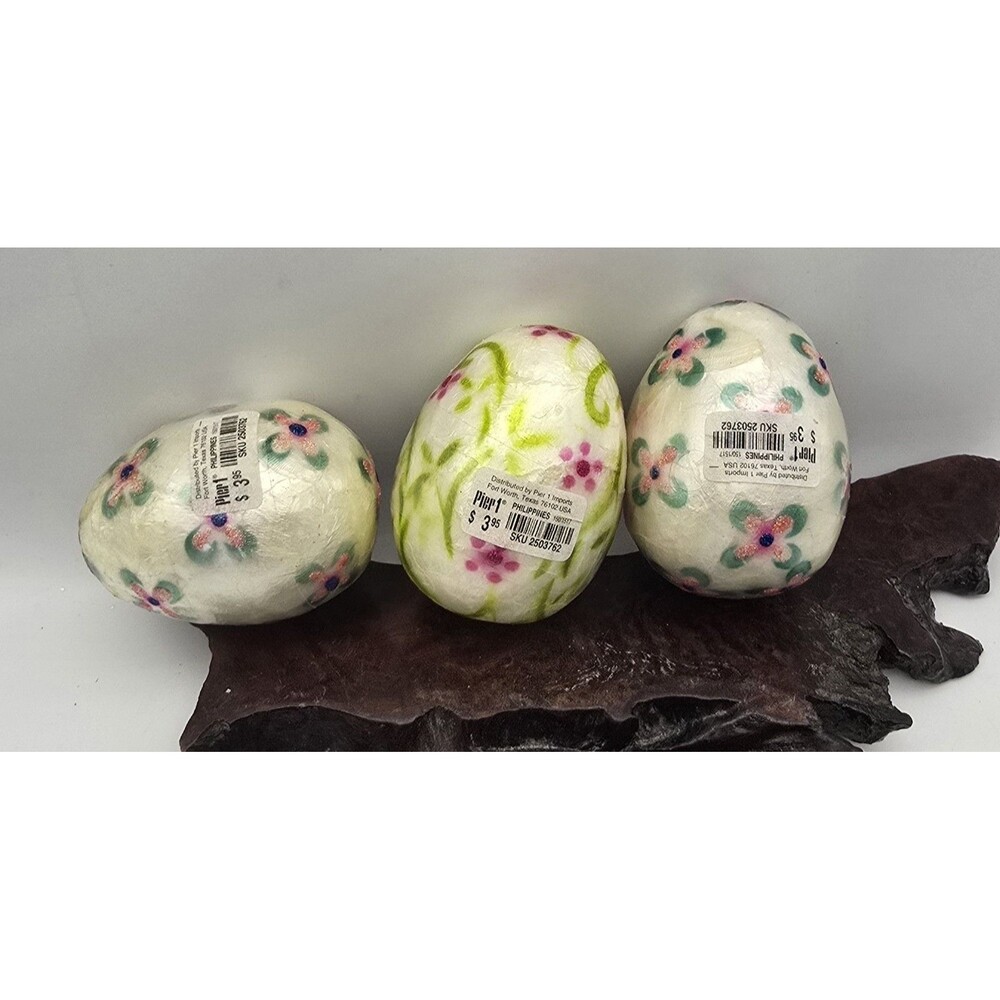 3 Vintage Decorative Easter Egg Capiz Shell Floral Spring NOS Pier 1